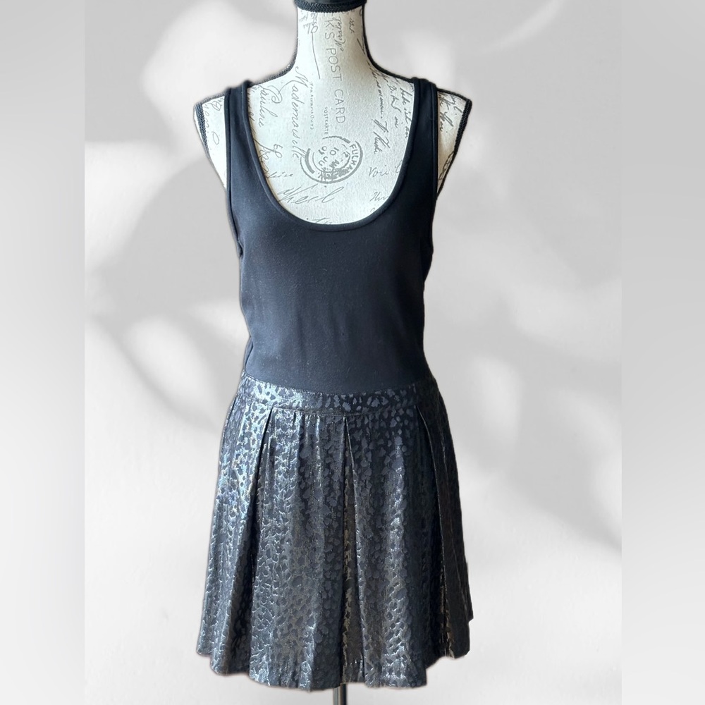 LaROK Deep Scoop Neck Dress, Black-on Black Leather-Look Skirted Bottom NWT (M)
